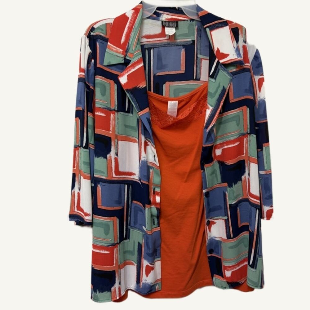 First Glance Women's XL Abstract Art Print Button-Up & Orange Tank Top Set